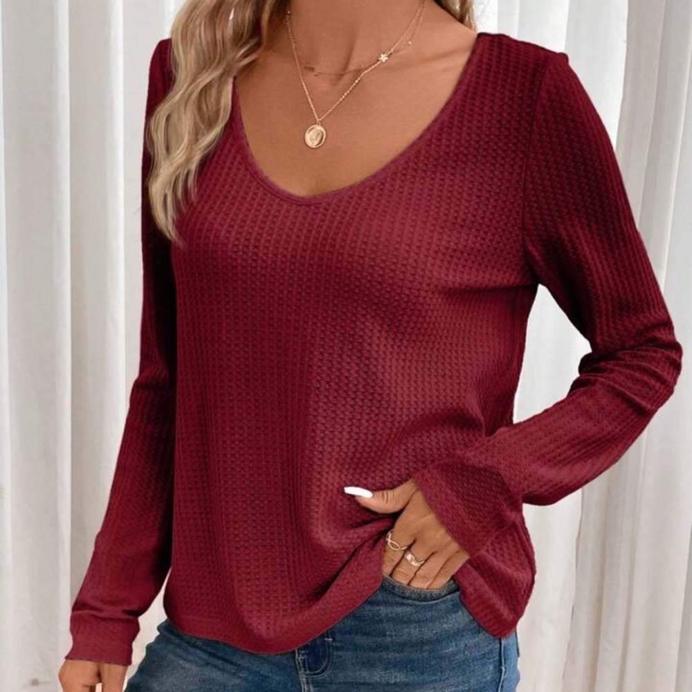SHEIN Red Frenchy Lace Spliced Long Sleeve Waffle Top - Picture 2 of 10